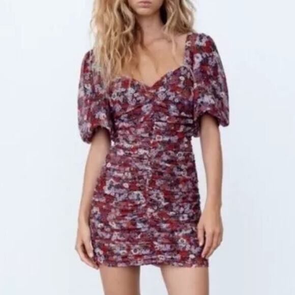 NEW Zara Floral Puff Sleeve Ruched Bodycon Dress Womens XS Mini Going Out Party - Picture 1 of 13